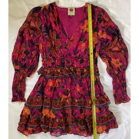 Farm Rio Tropical Tapestry Long-Sleeve Tiered Mini Dress Boho Small - Picture 5 of 13
